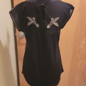 Desigual Green Women's Blouse with Beaded Neckline And Hummingbirds On Back M.